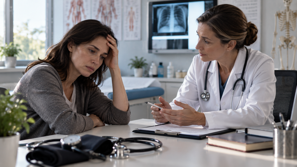 Patient discussing persistent fatigue with a clinician during a medical evaluation.