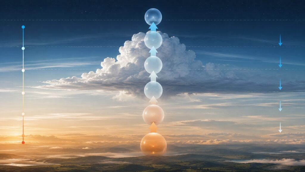 Rising air expanding and cooling in the atmosphere.