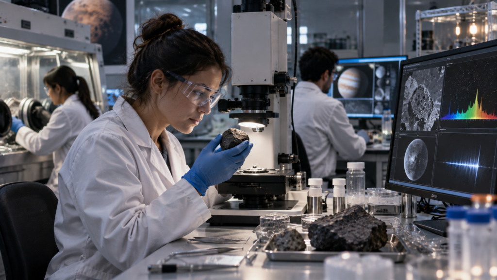 Scientists carefully analyzing planetary material while testing possible evidence of extraterrestrial life.