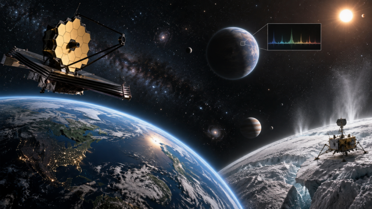 Earth and distant worlds representing the scientific search for extraterrestrial life.