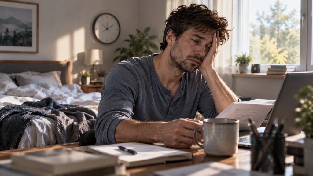 Tired person struggling to concentrate after a poor night's sleep.