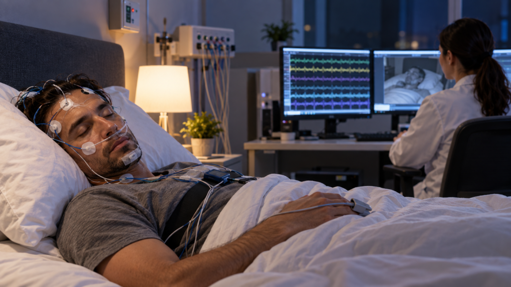 Person undergoing an overnight sleep study while breathing and heart signals are monitored.