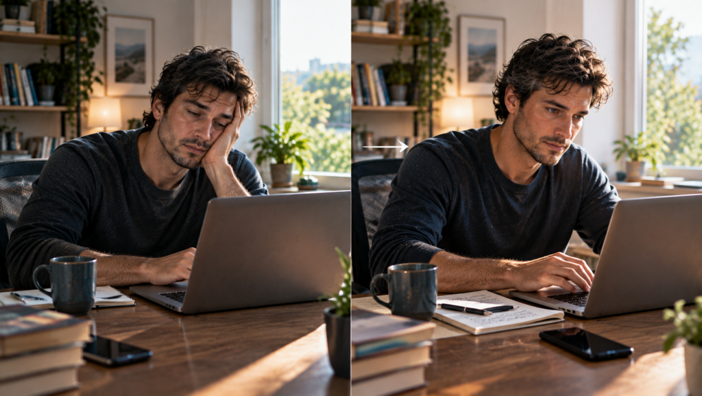Person attempting a demanding task shortly after waking from a nap while still experiencing sleep inertia.