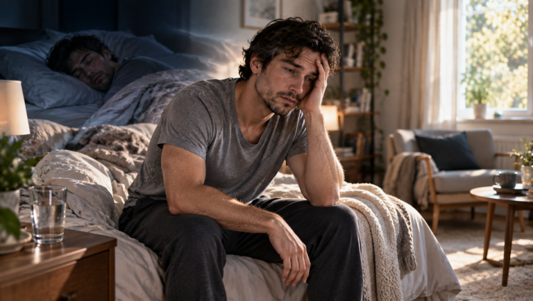 Person sitting awake but groggy immediately after a nap, illustrating sleep inertia.