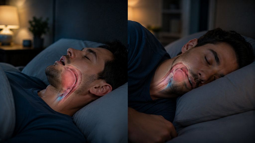 Comparison of back and side sleeping positions and their effect on the upper airway.