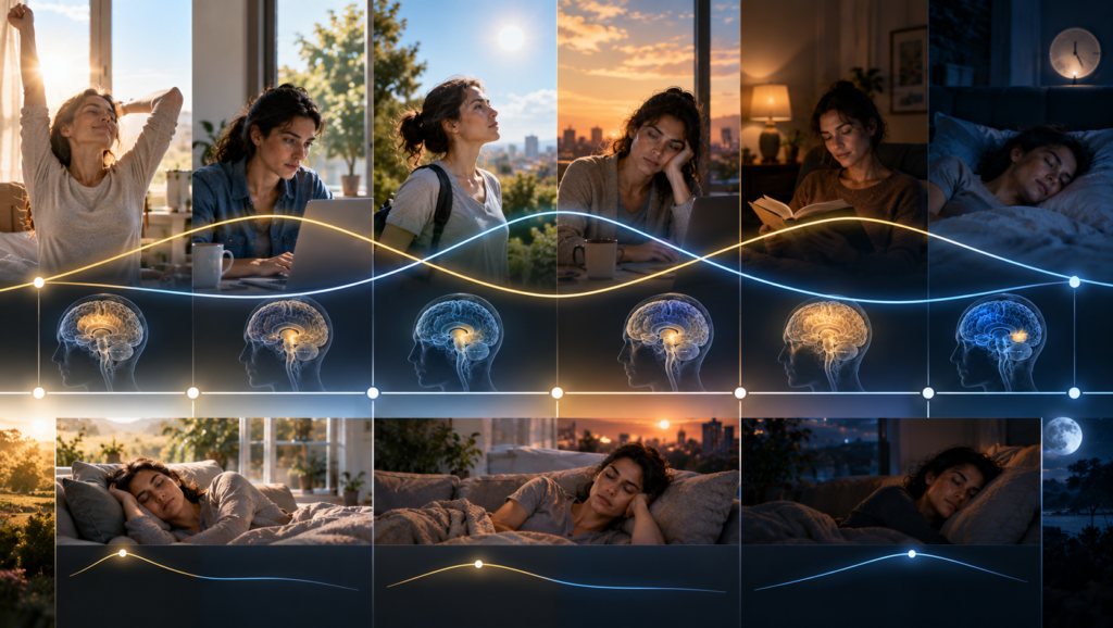 Visual representation of sleep pressure and circadian timing influencing alertness.