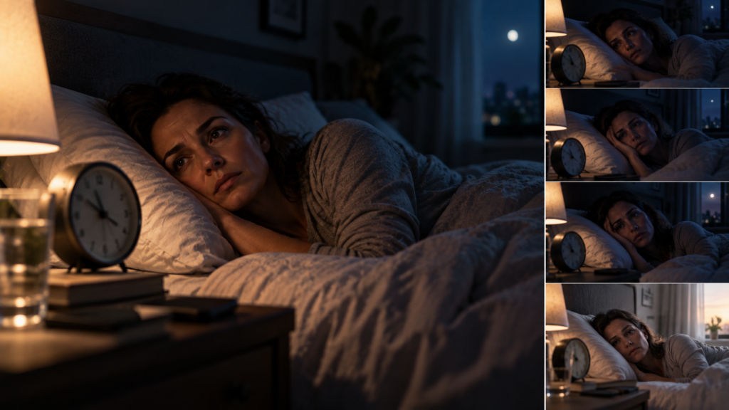 Person lying awake and worrying about sleep, illustrating the sleep-worry cycle.