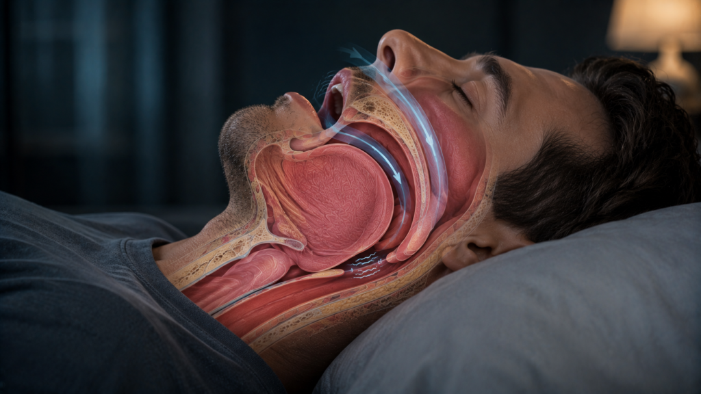 Medical visualization of relaxed throat tissues causing vibration during snoring.