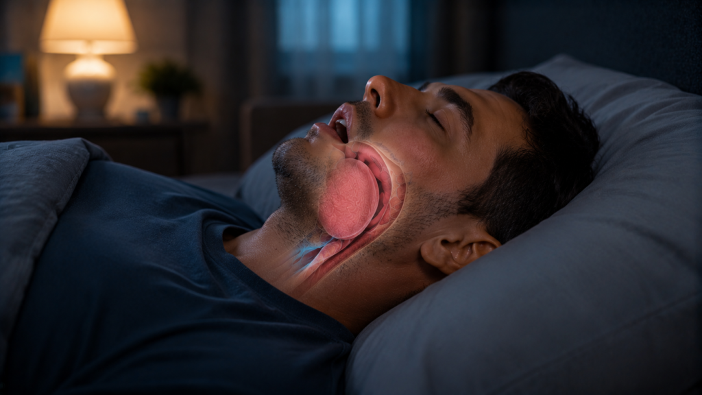 Sleeping person with significant upper-airway narrowing associated with obstructive sleep apnea.
