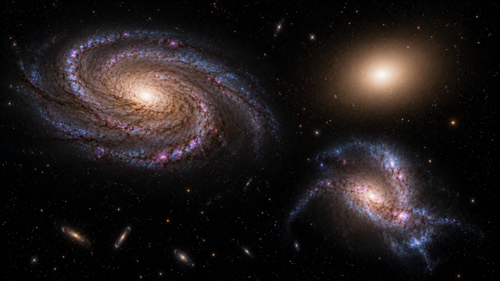 Spiral, elliptical, and irregular galaxies showing different structures and evolutionary histories.