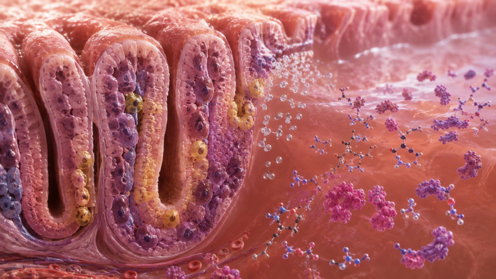 Scientific visualization of gastric acid and pepsin beginning protein digestion.