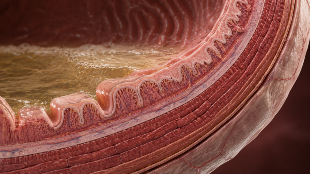 Cross-sectional view of the stomach wall showing its protective layers.