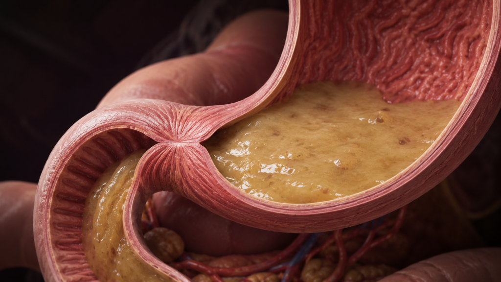 Chyme passing gradually through the pyloric sphincter into the duodenum.