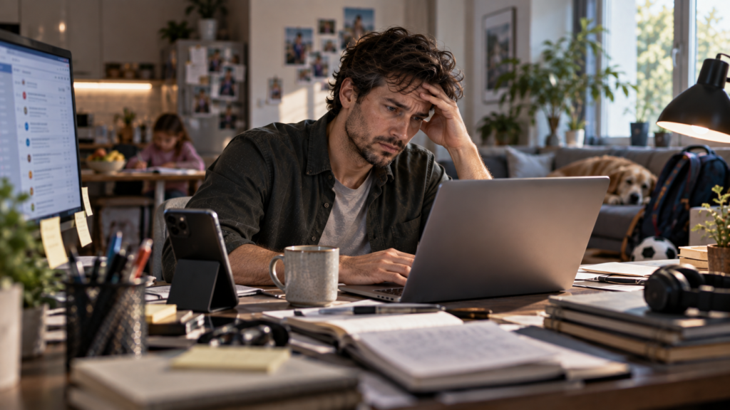Person struggling to focus while multiple demands compete for attention.