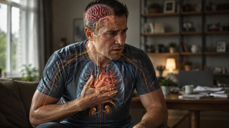 Human body responding to stress through coordinated brain, nervous system, and hormonal activity.