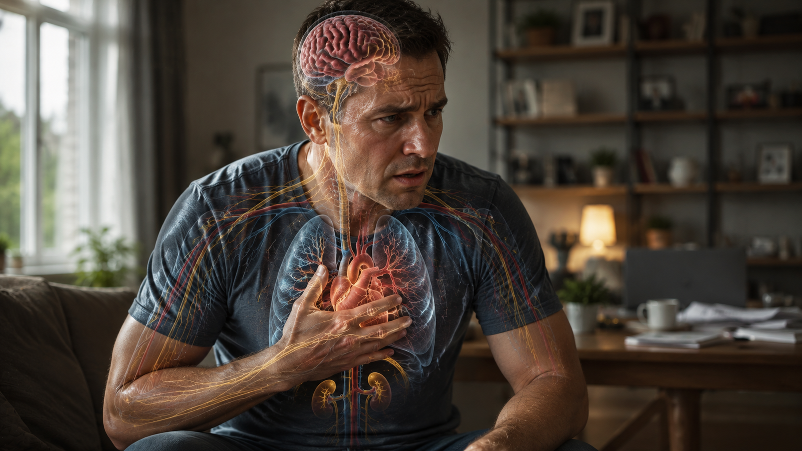 Human body responding to stress through coordinated brain, nervous system, and hormonal activity.