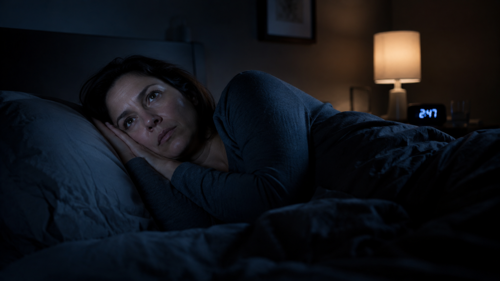 Person experiencing difficulty sleeping during a period of stress.