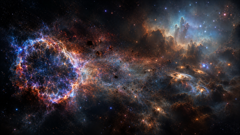 Supernova debris spreading into interstellar space and contributing material to future stars and planetary systems.