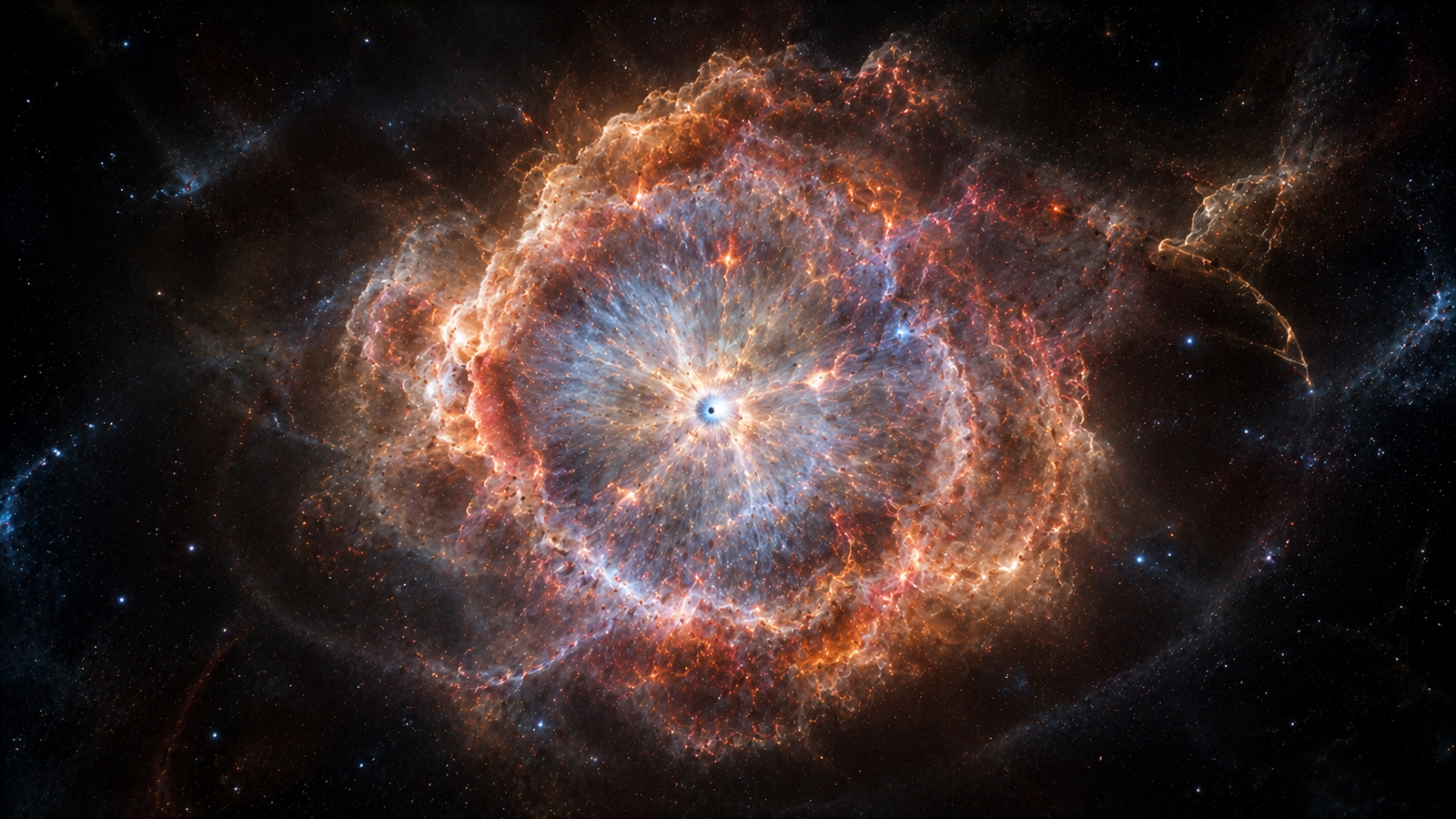 Massive star undergoing a supernova explosion with expanding stellar debris and a compact remnant.