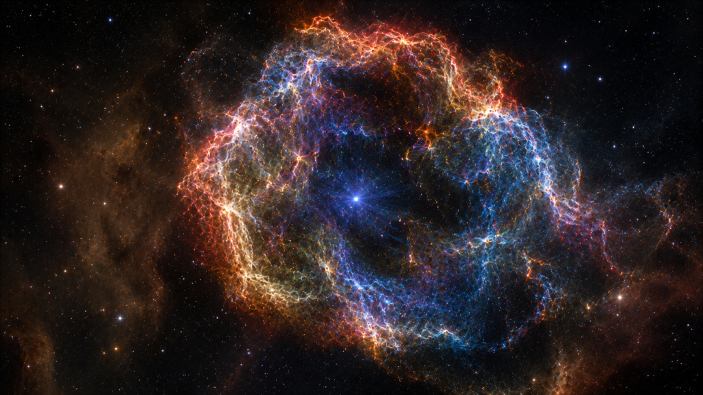 Expanding supernova remnant with filamentary stellar debris surrounding a compact central remnant.