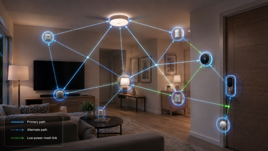 Smart home devices forming a low-power Thread mesh network.