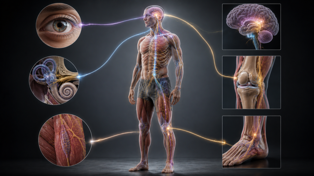 Eyes, inner ear, and body-position sensors contributing to balance.