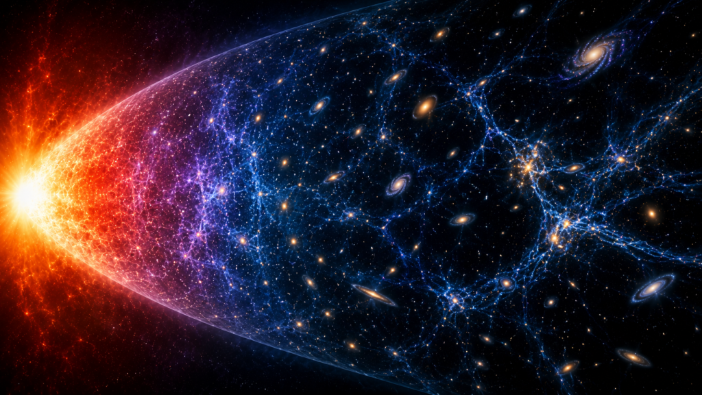 Galaxies distributed through expanding space as the universe grows larger.