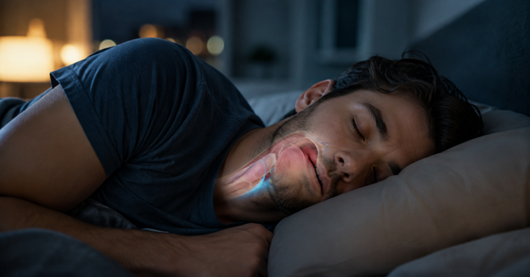 Person sleeping while relaxed upper-airway tissues vibrate during breathing.