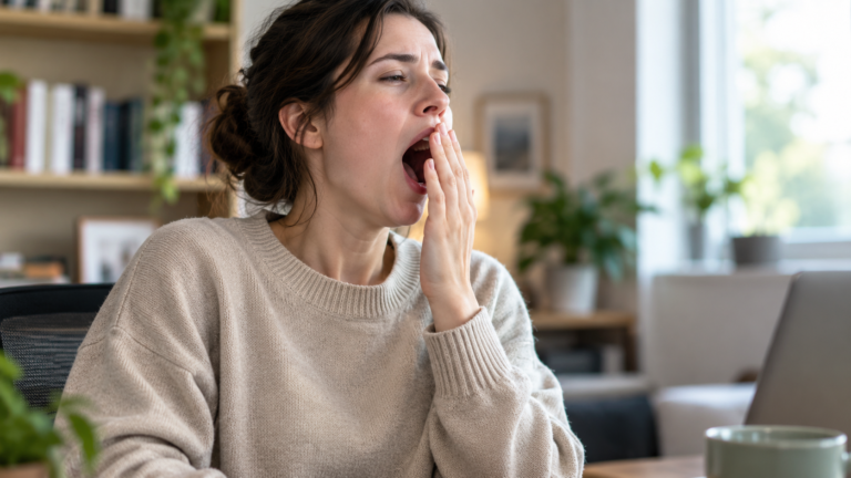 Person naturally yawning while transitioning between states of alertness.