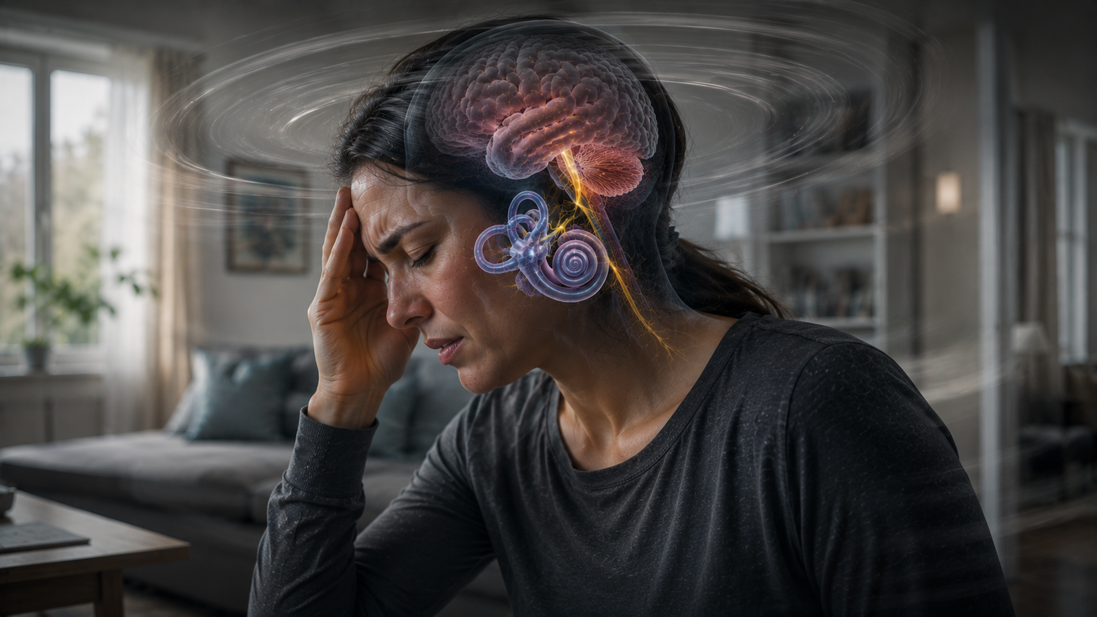 Person experiencing dizziness with a subtle visualization of the inner ear balance system.