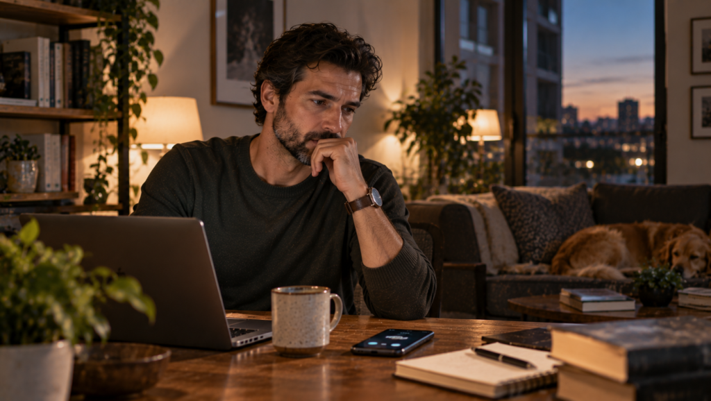 Professional checking work messages at home and struggling to disconnect from the workday.
