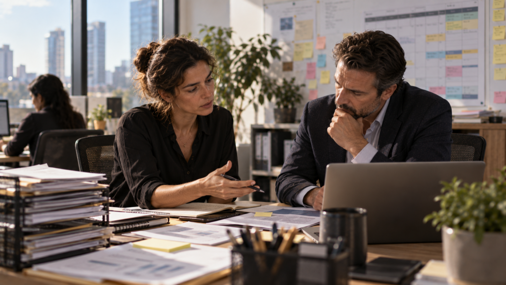 Employee and manager discussing workload and competing workplace priorities.