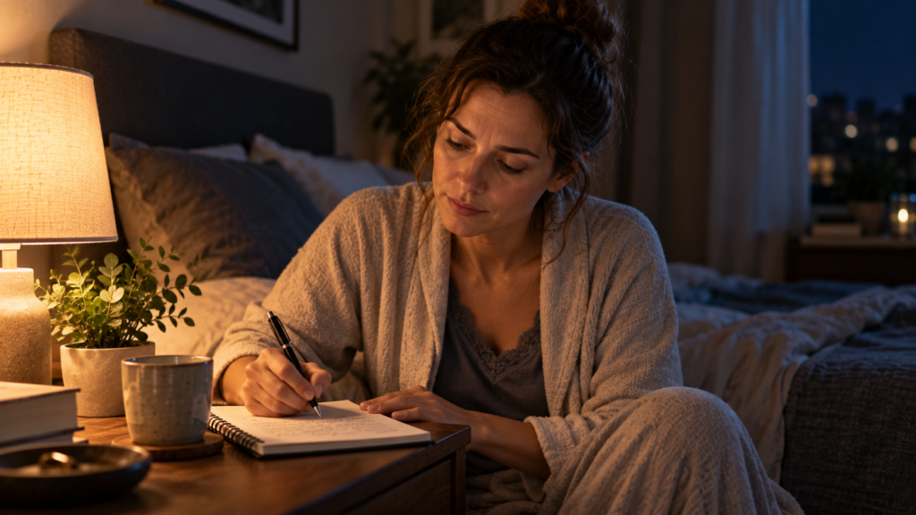 Person writing down unresolved concerns before bed to separate thoughts from immediate action.