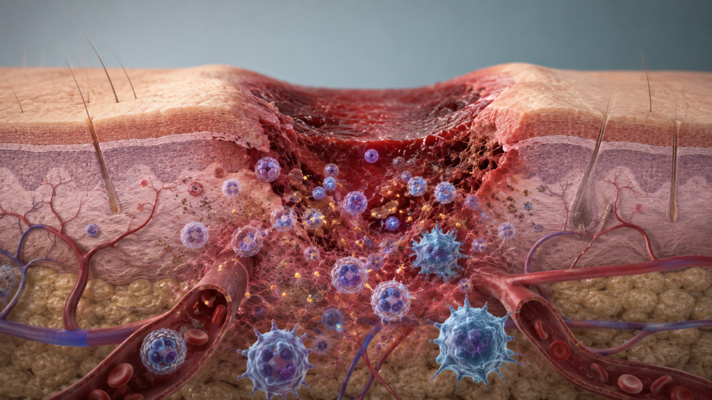 Immune cells responding around damaged skin tissue.