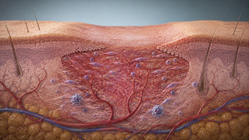 New tissue forming across a healing skin wound.