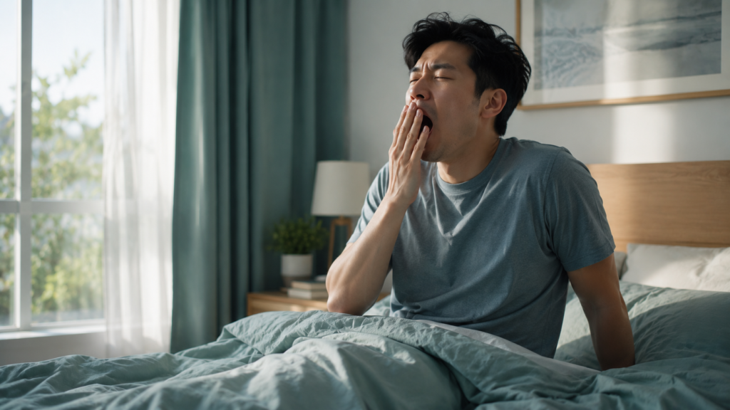 Why do we yawn? Person yawning naturally after waking from sleep.