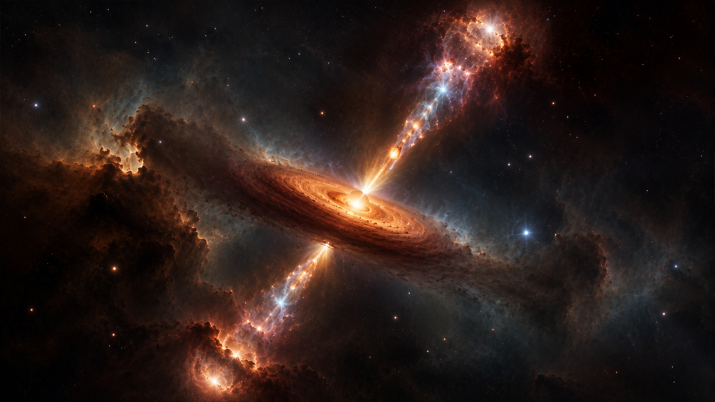 Young protostar producing bipolar jets that interact with surrounding gas.