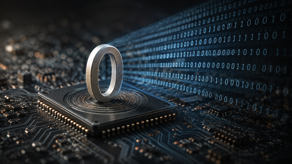 Zero and one forming binary digital information.