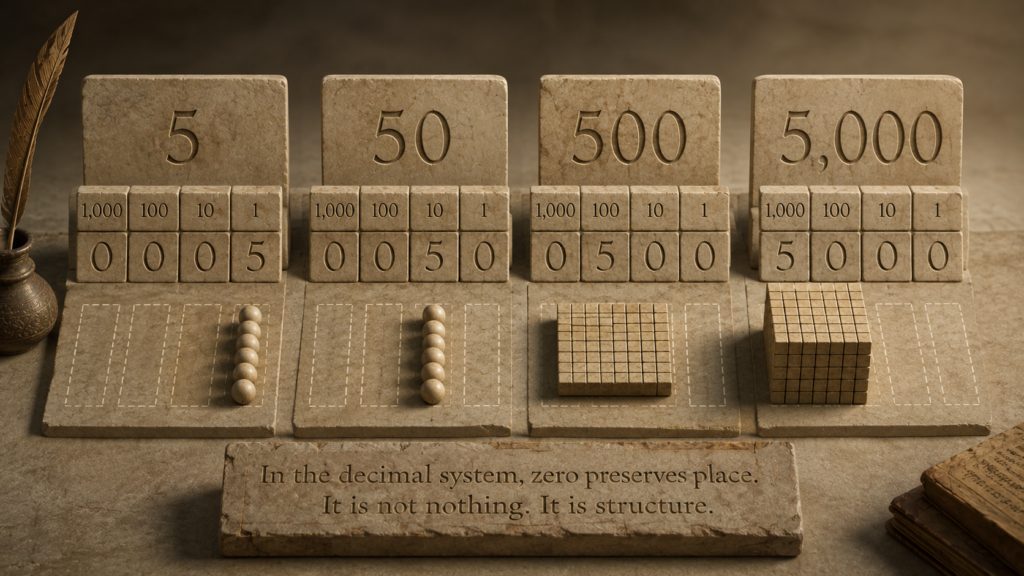 Zero preserving empty positions in a decimal place-value system.